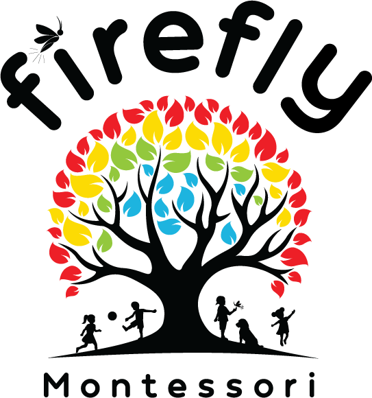 Firefly Montessori logo with a colorful leaf tree and children beneath it